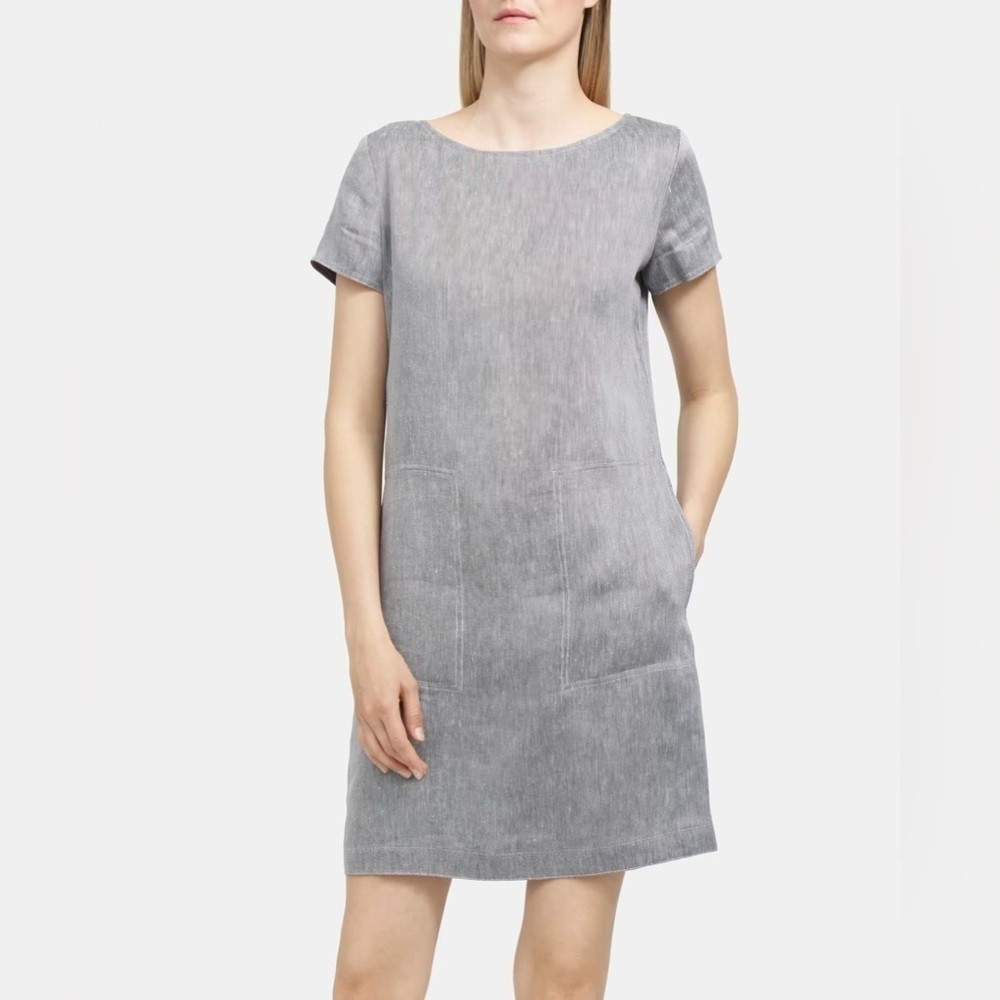 Theory Structured Dress in Linen Twill | Black/White Slub Texture | P (XS)